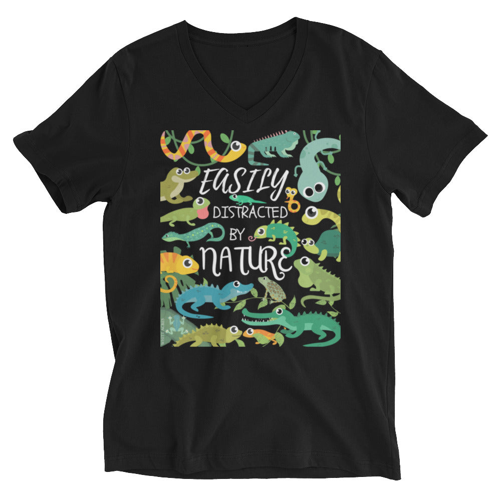 Easily Distracted Reptiles Unisex Short Sleeve V-Neck T-Shirt