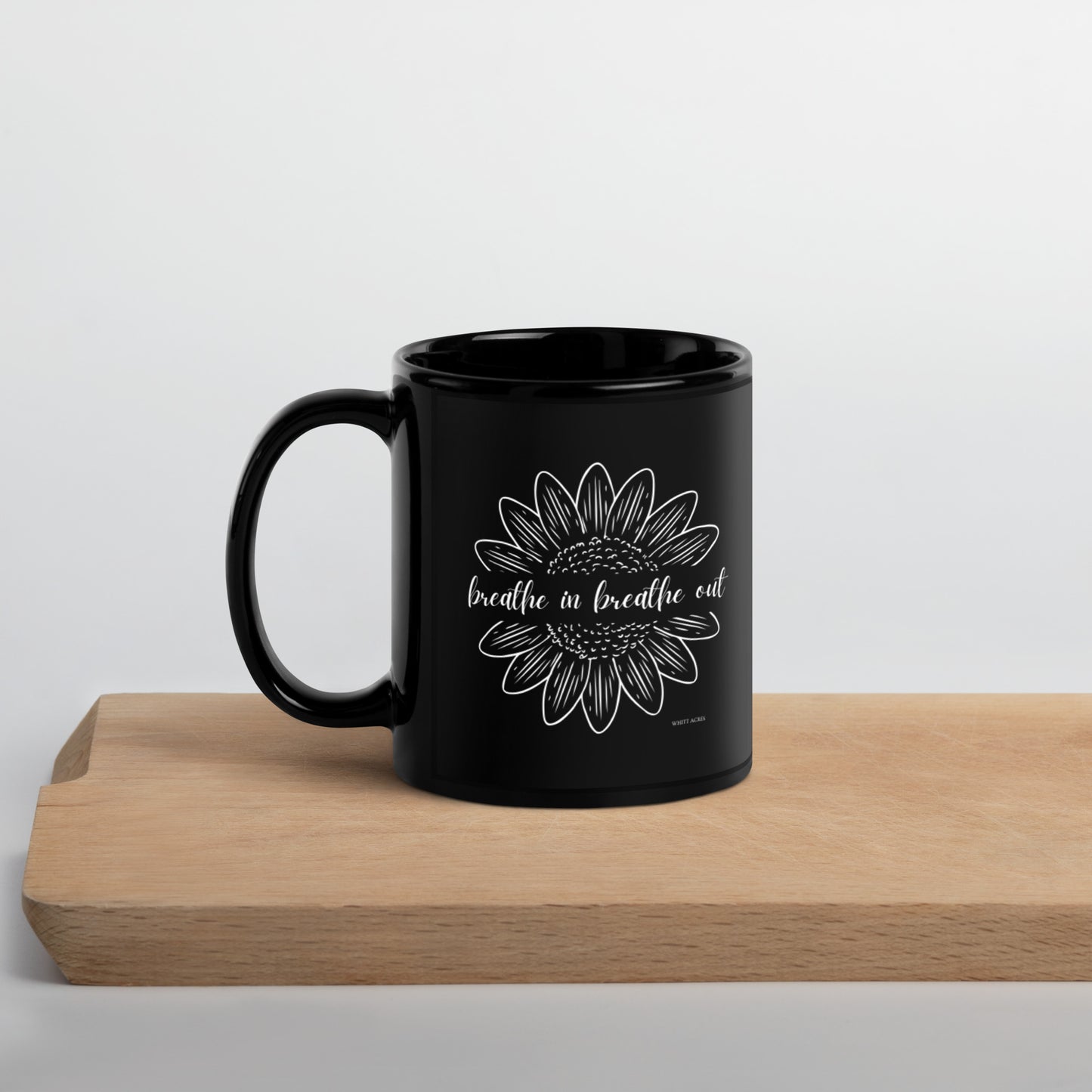 Breathe In Breathe Out Sunflower Black Glossy Mug