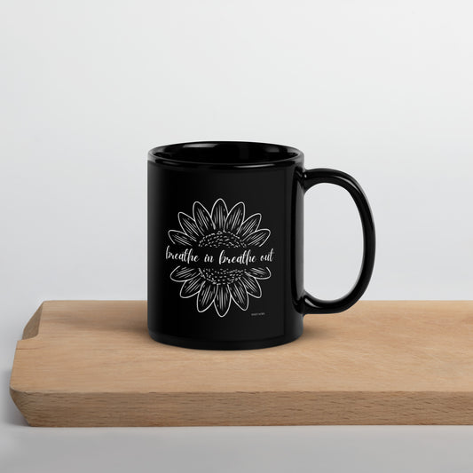 Breathe In Breathe Out Sunflower Black Glossy Mug