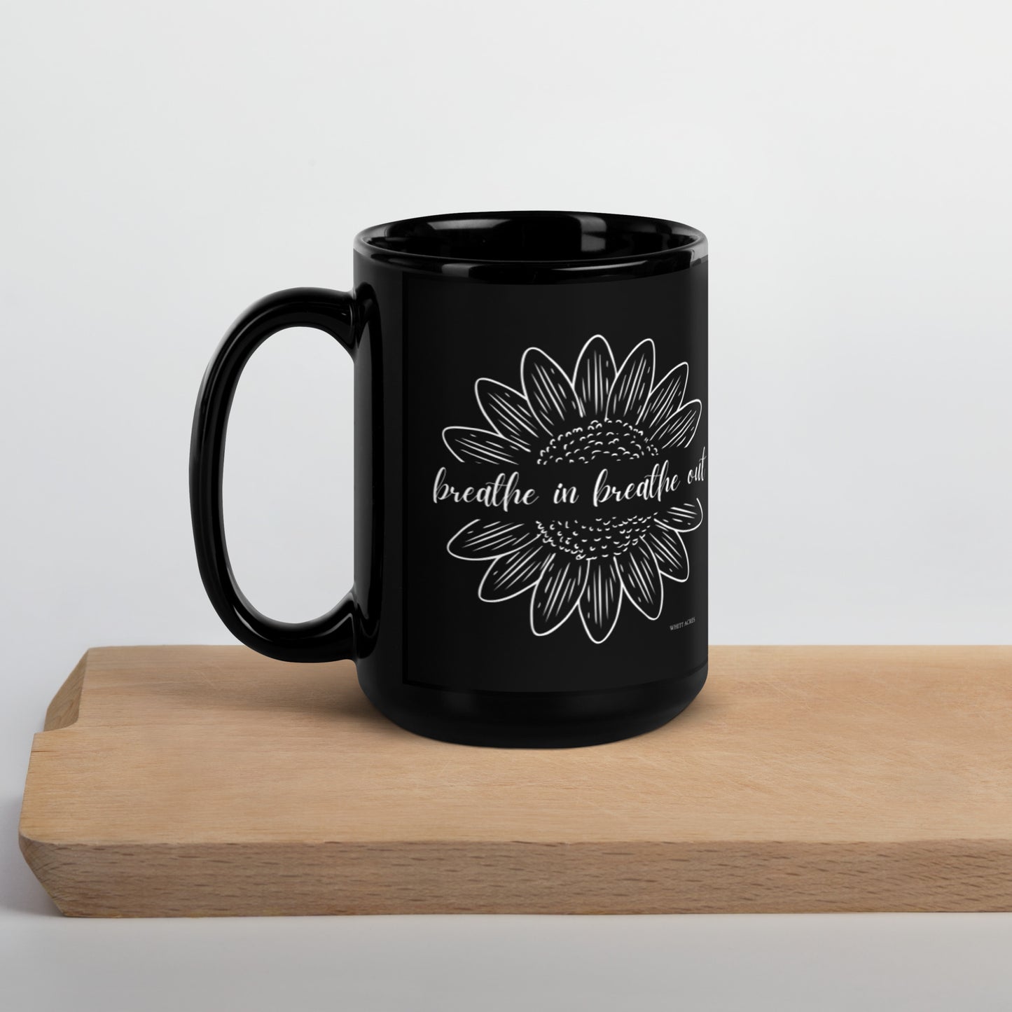 Breathe In Breathe Out Sunflower Black Glossy Mug