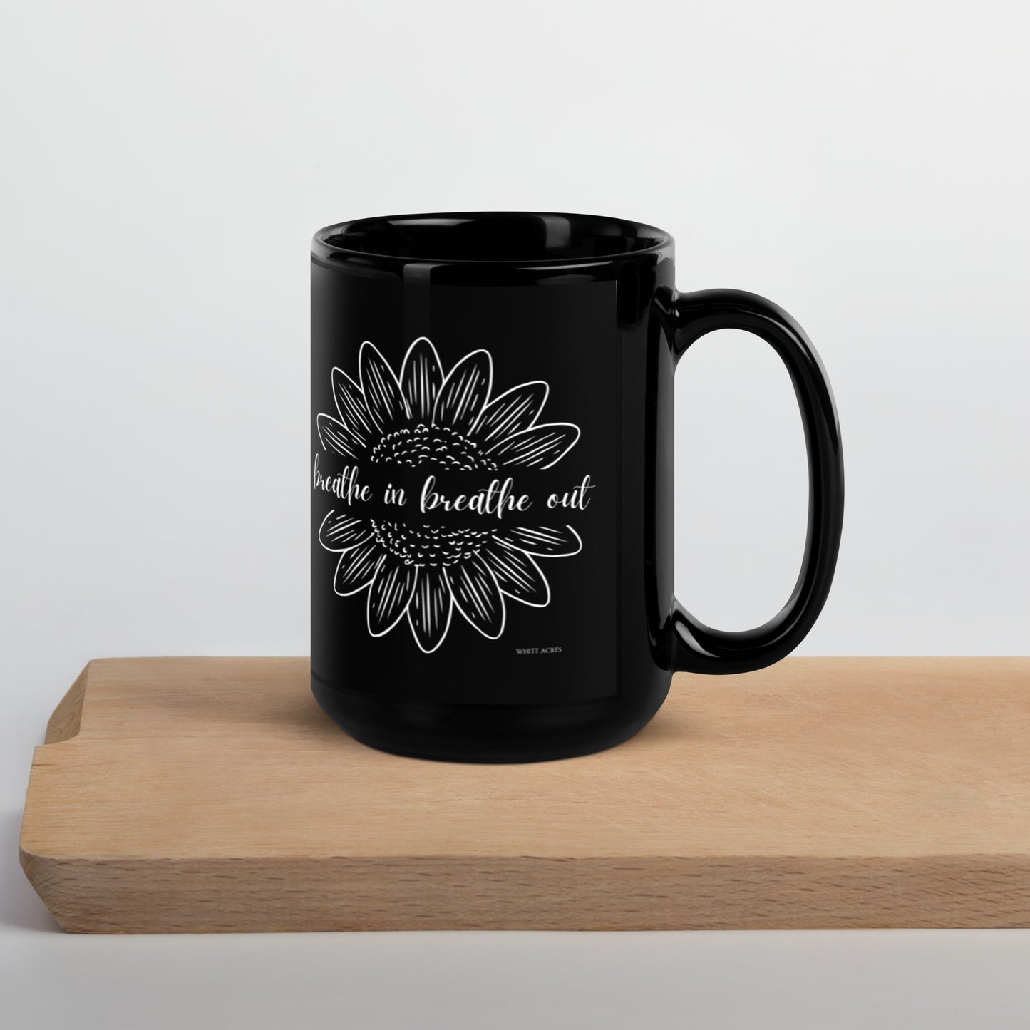 Breathe In Breathe Out Sunflower Black Glossy Mug