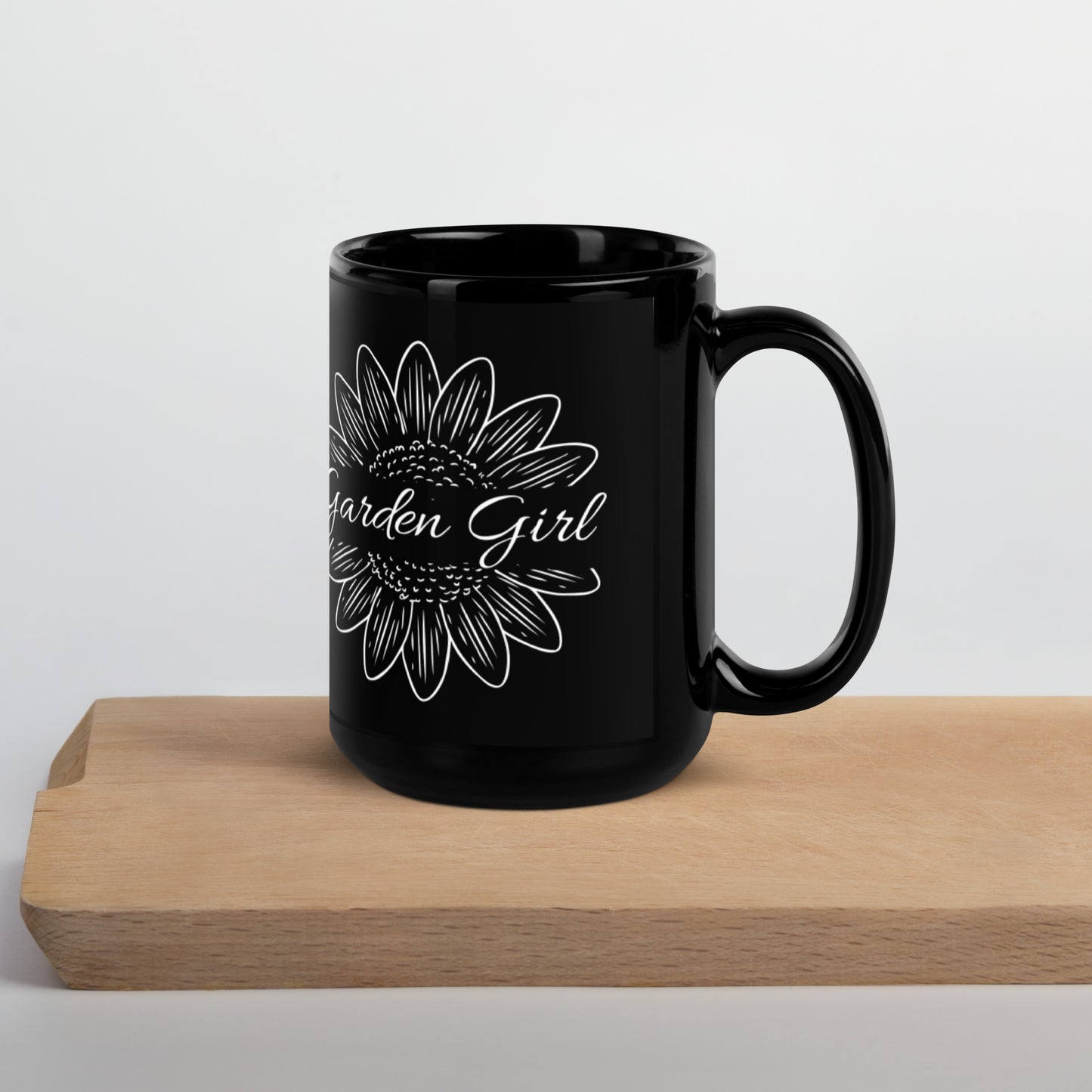 Garden Girl Sunflower Black Glossy Mug